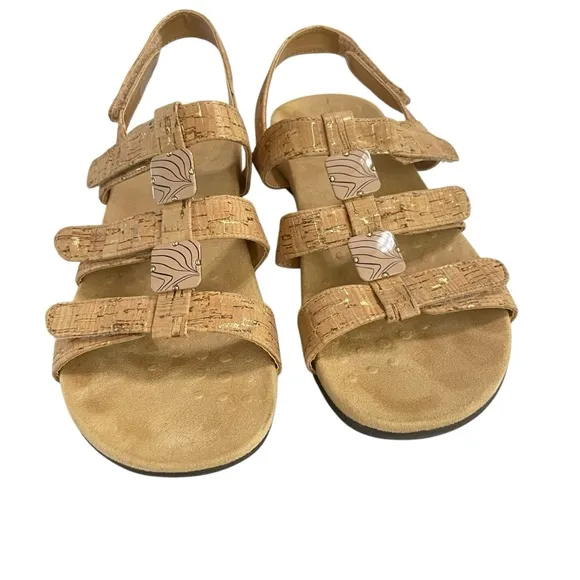 Vionic Amber Tan Gold Cork 3 Strap Adjustable Sandals Women's sz 8