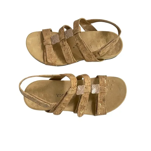 Vionic Amber Tan Gold Cork 3 Strap Adjustable Sandals Women's sz 8