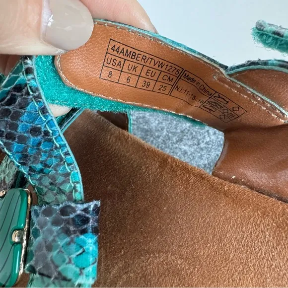 Vionic Amber Teal Snakeskin Sandals Jeweled Beads 8