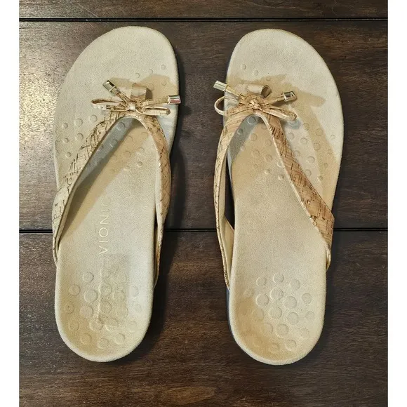 Vionic Bella Sandals Womens Size 9 Tan Gold Bow Comfort Orthotic Slip On Thong