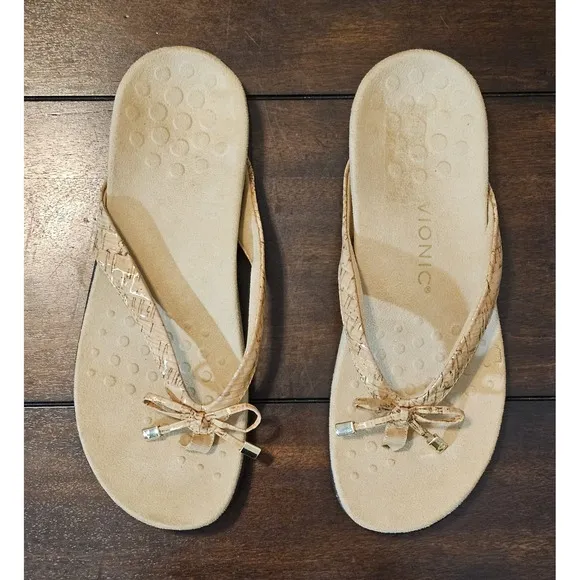 Vionic Bella Sandals Womens Size 9 Tan Gold Bow Comfort Orthotic Slip On Thong