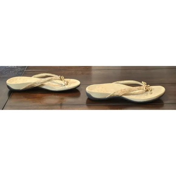 Vionic Bella Sandals Womens Size 9 Tan Gold Bow Comfort Orthotic Slip On Thong