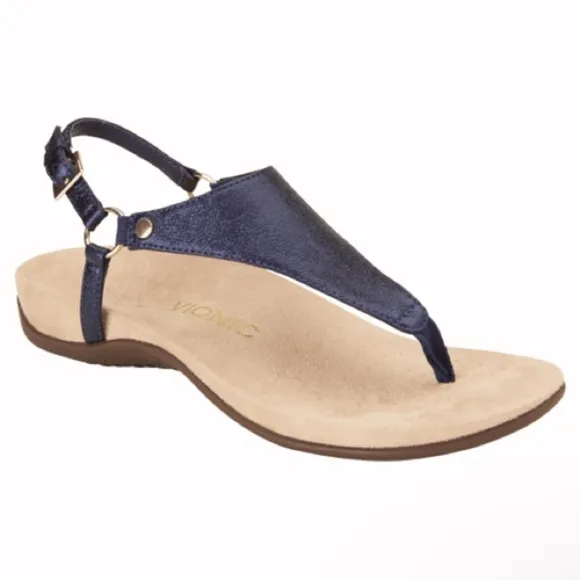 Vionic Kirra Metallic Blue Leather Triangular Strap Thong Sandals