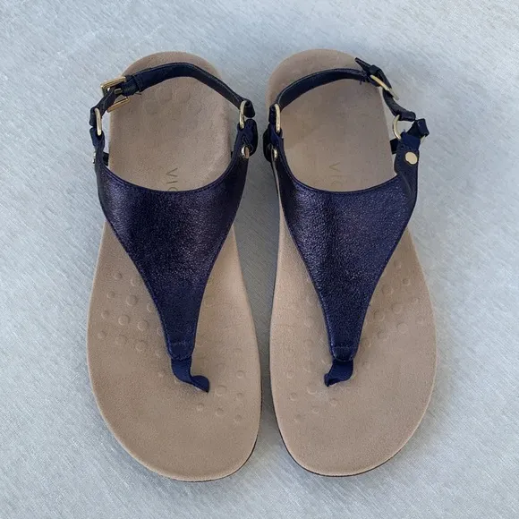 Vionic Kirra Metallic Blue Leather Triangular Strap Thong Sandals