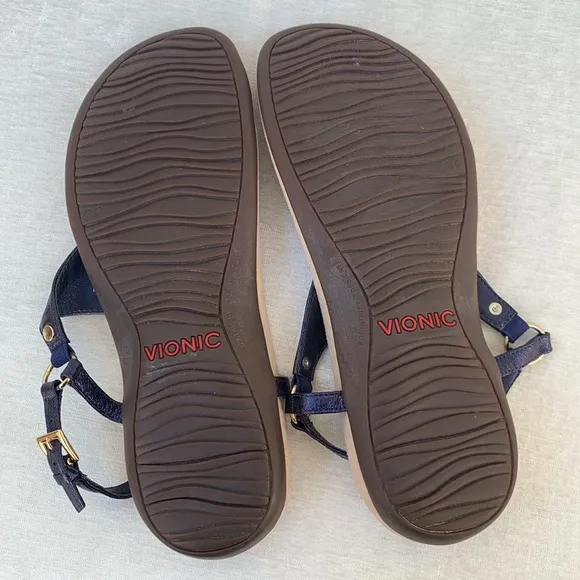 Vionic Kirra Metallic Blue Leather Triangular Strap Thong Sandals