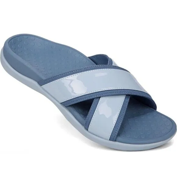 Vionic Merced Womens 8‎ Cross Strap Slide Orthotic Sandals Skyway Blue New