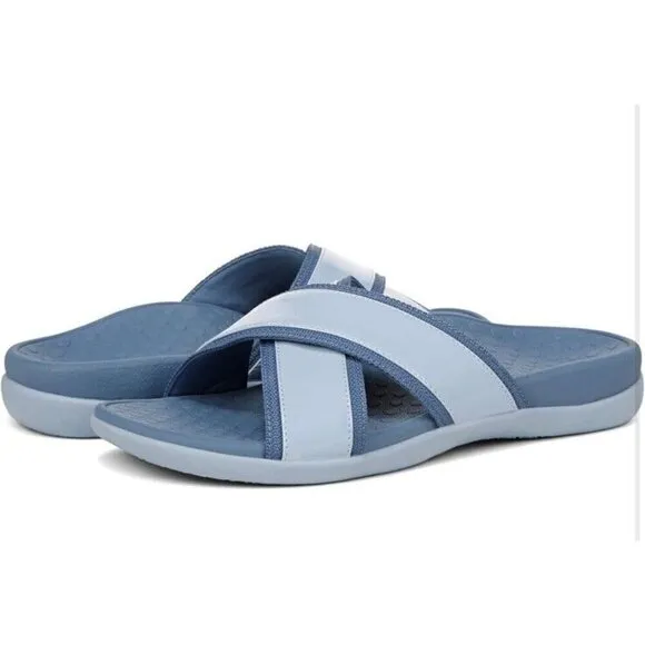 Vionic Merced Womens 8‎ Cross Strap Slide Orthotic Sandals Skyway Blue New