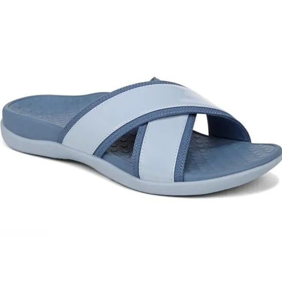 Vionic Merced Womens 8‎ Cross Strap Slide Orthotic Sandals Skyway Blue New