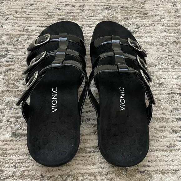 Vionic Misa Leather Sandals Womens Size 11 Arch Comfort Black 3 Strap‎ Slip On
