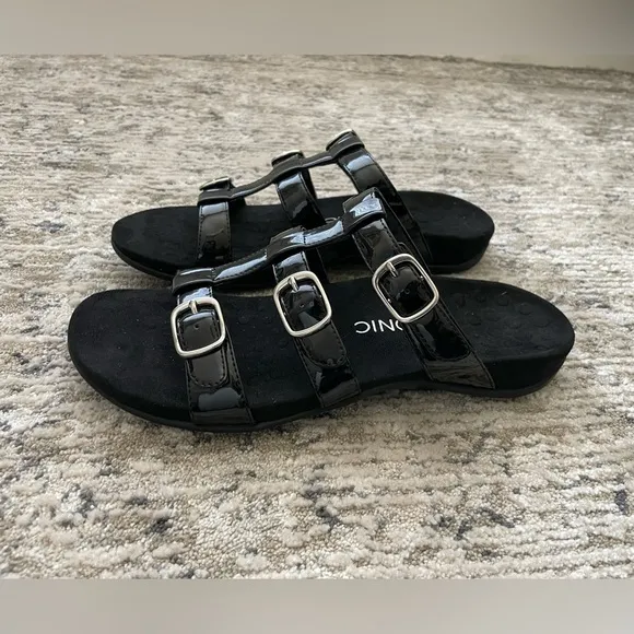 Vionic Misa Leather Sandals Womens Size 11 Arch Comfort Black 3 Strap‎ Slip On