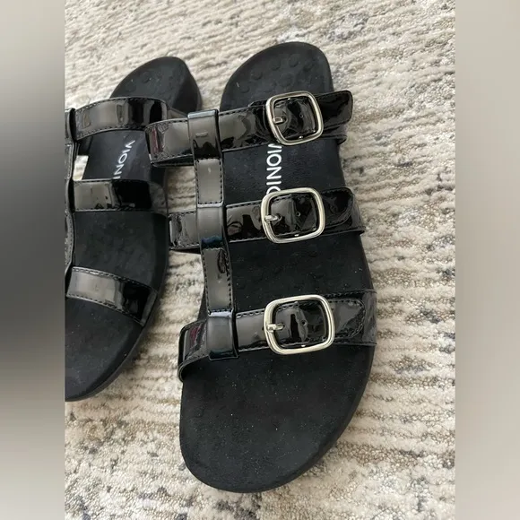 Vionic Misa Leather Sandals Womens Size 11 Arch Comfort Black 3 Strap‎ Slip On