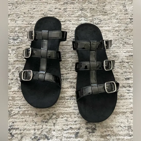 Vionic Misa Leather Sandals Womens Size 11 Arch Comfort Black 3 Strap‎ Slip On
