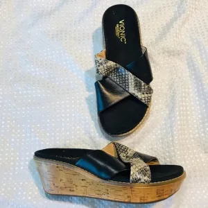 Vionic Montego Black Snake Print Comfort Wedge Orthoheel Slide Sandals SZ: 7