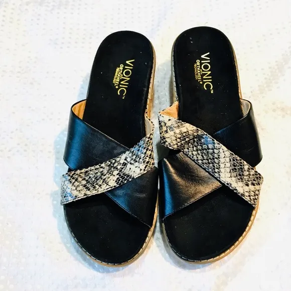 Vionic Montego Black Snake Print Comfort Wedge Orthoheel Slide Sandals SZ: 7