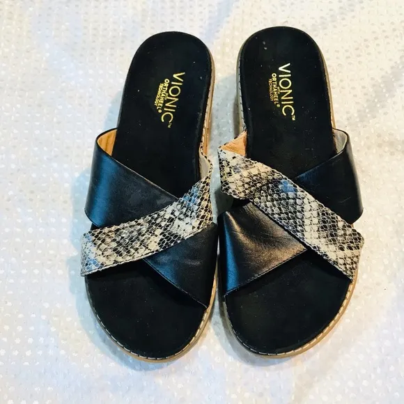 Vionic Montego Black Snake Print Comfort Wedge Orthoheel Slide Sandals SZ: 7