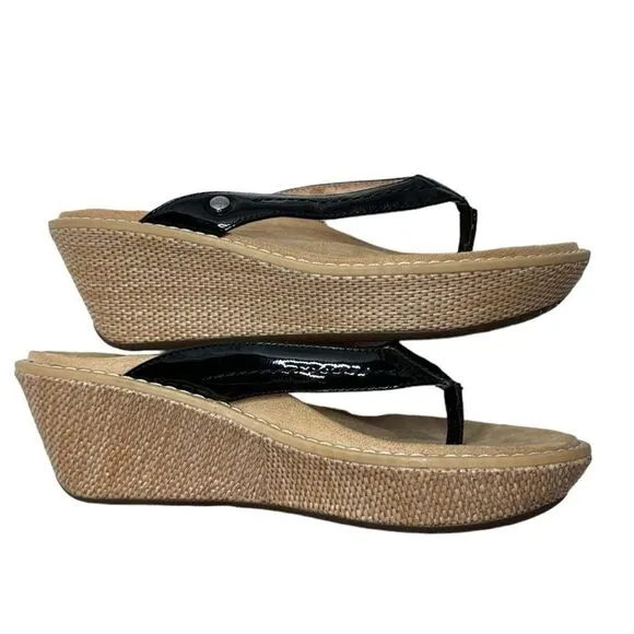 Vionic Orthaheel ‘Grenada’ Black Patent Leather Wedge Sandals. Size 7.