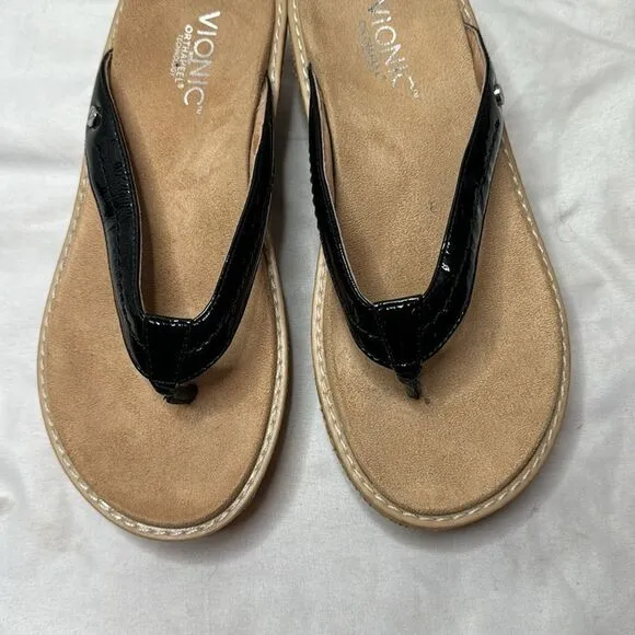Vionic Orthaheel ‘Grenada’ Black Patent Leather Wedge Sandals. Size 7.