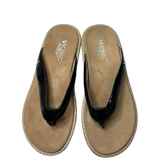 Vionic Orthaheel ‘Grenada’ Black Patent Leather Wedge Sandals. Size 7.