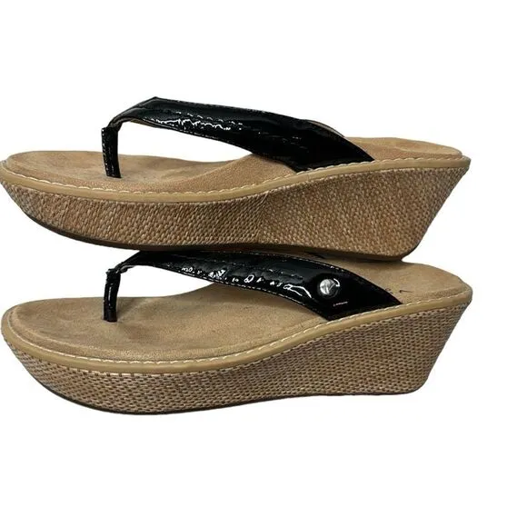 Vionic Orthaheel ‘Grenada’ Black Patent Leather Wedge Sandals. Size 7.