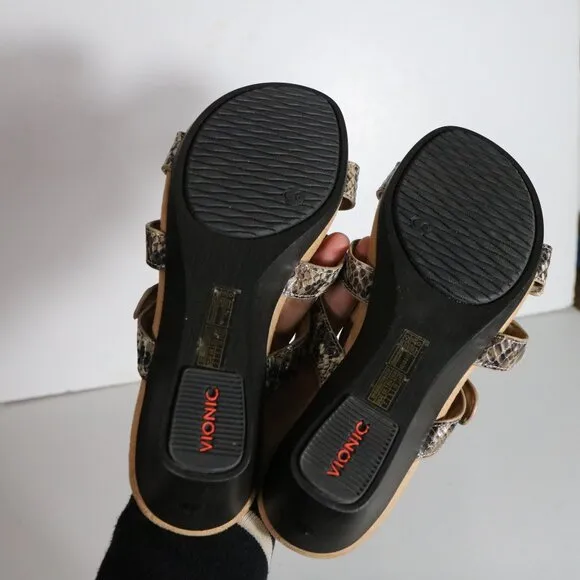 Vionic Radia Wedge Sandals Womens 7 Brown Snake Leather Strappy Slip On