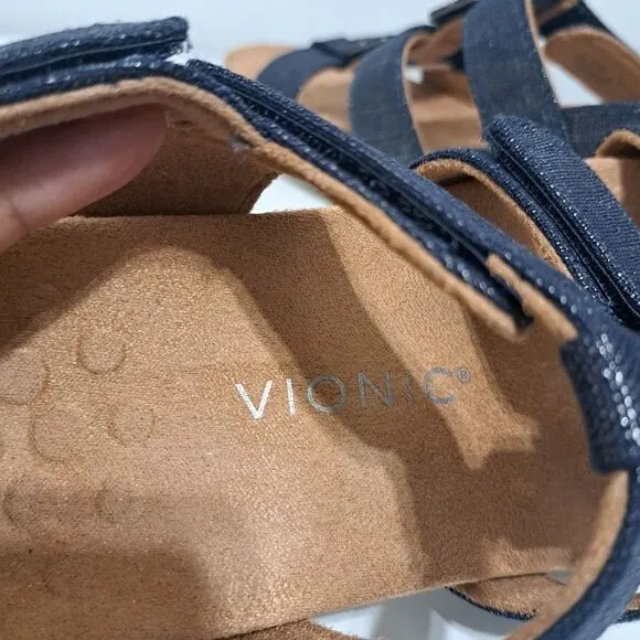 Vionic Rest Amber Backstrap Adjustable Walking Sandals Orthotic Metal Linen Navy