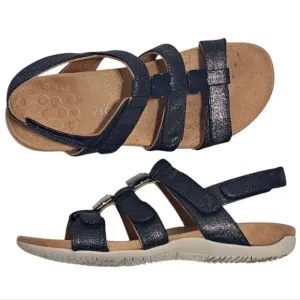 Vionic Rest Amber Backstrap Adjustable Walking Sandals Orthotic Metal Linen Navy