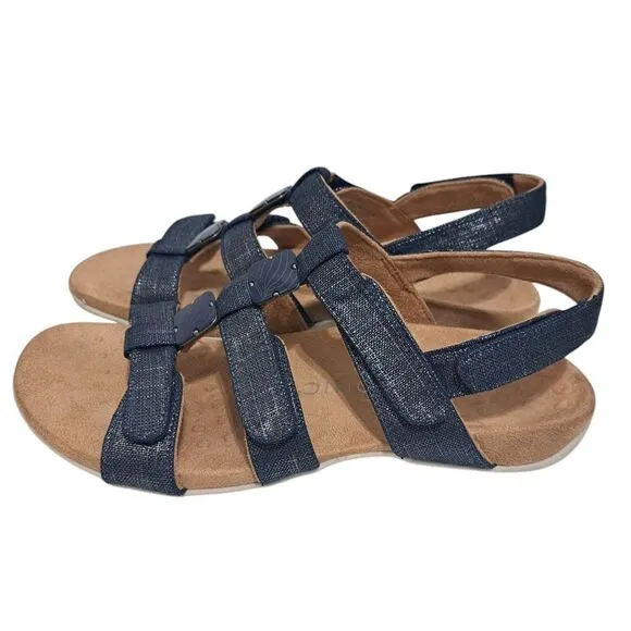 Vionic Rest Amber Backstrap Adjustable Walking Sandals Orthotic Metal Linen Navy