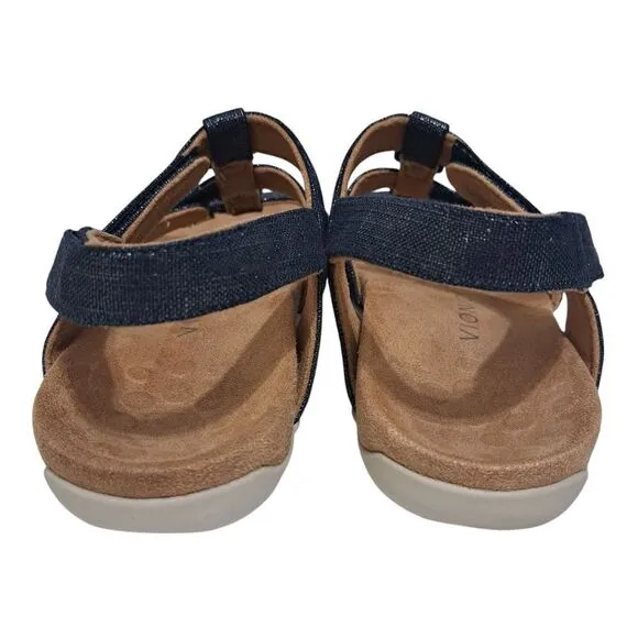 Vionic Rest Amber Backstrap Adjustable Walking Sandals Orthotic Metal Linen Navy