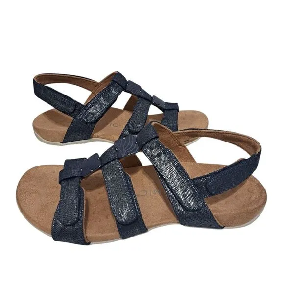 Vionic Rest Amber Backstrap Adjustable Walking Sandals Orthotic Metal Linen Navy
