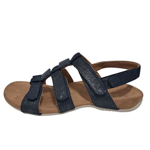 Vionic Rest Amber Backstrap Adjustable Walking Sandals Orthotic Metal Linen Navy