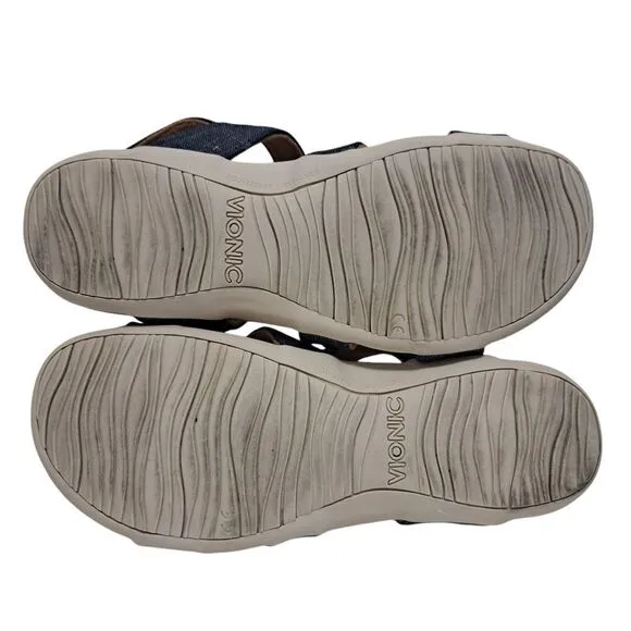 Vionic Rest Amber Backstrap Adjustable Walking Sandals Orthotic Metal Linen Navy