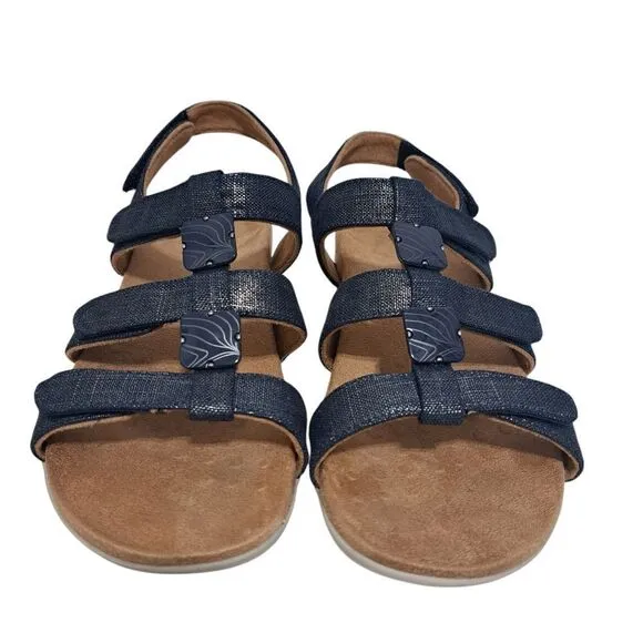 Vionic Rest Amber Backstrap Adjustable Walking Sandals Orthotic Metal Linen Navy