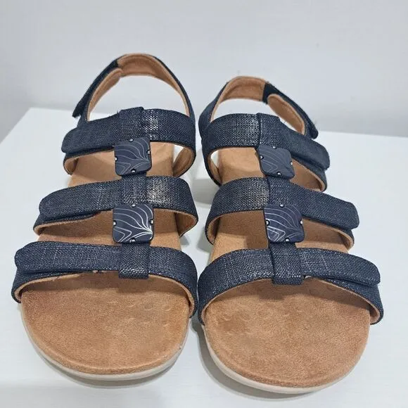 Vionic Rest Amber Backstrap Adjustable Walking Sandals Orthotic Metal Linen Navy