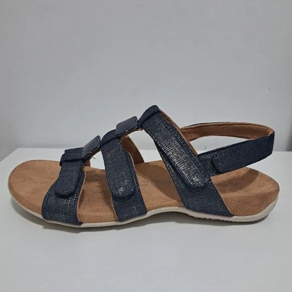 Vionic Rest Amber Backstrap Adjustable Walking Sandals Orthotic Metal Linen Navy