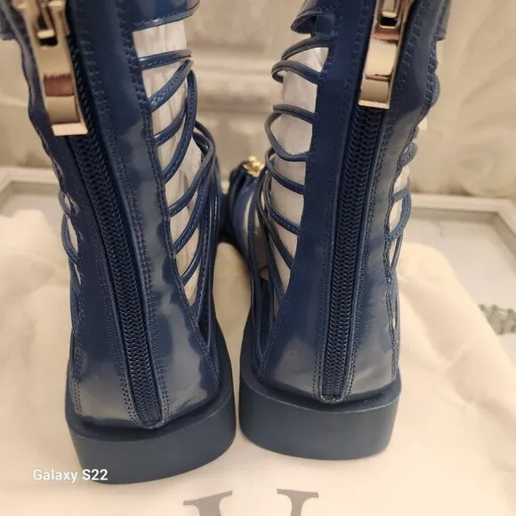 Vivienne Hu SQUARE TOE STRAPPED LEATHER CAGE SANDALS-COBALT SZ 8 NWT