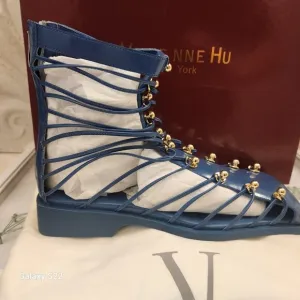 Vivienne Hu SQUARE TOE STRAPPED LEATHER CAGE SANDALS-COBALT SZ 8 NWT
