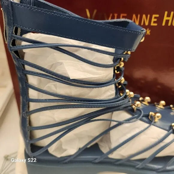 Vivienne Hu SQUARE TOE STRAPPED LEATHER CAGE SANDALS-COBALT SZ 8 NWT