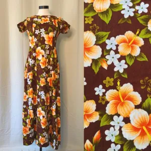VTG 60s Ui Maikai Barkcloth Maxi Hawaiian Dress size XS / Small