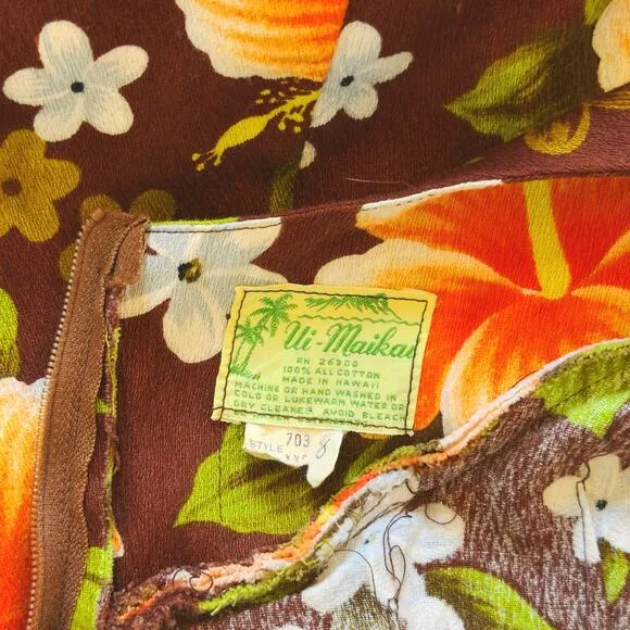 VTG 60s Ui Maikai Barkcloth Maxi Hawaiian Dress size XS / Small