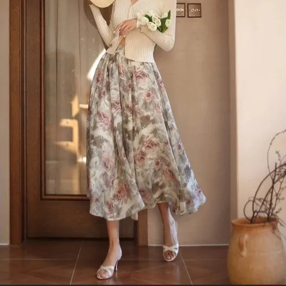 Vtg Scott McClintock 80s/90s Asymmetrical Cream/Pink/Green Midi Skirt