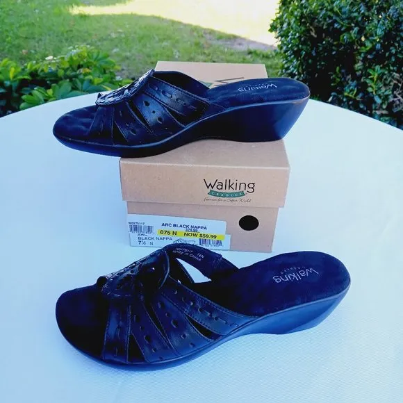 Walking Cradles Arc Black Nappa Slip On Wedge Sandals 7 1/2 N