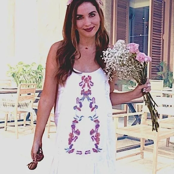 White Embroidered Crochet Accent Embroidered Floral Sun Dress Coverup