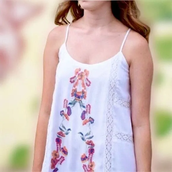 White Embroidered Crochet Accent Embroidered Floral Sun Dress Coverup