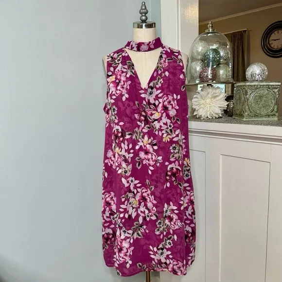 White House Black Market Purple Floral Tie Neck Chiffon Choker Shift Dress 10p