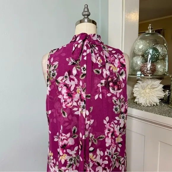 White House Black Market Purple Floral Tie Neck Chiffon Choker Shift Dress 10p
