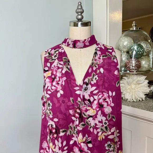 White House Black Market Purple Floral Tie Neck Chiffon Choker Shift Dress 10p
