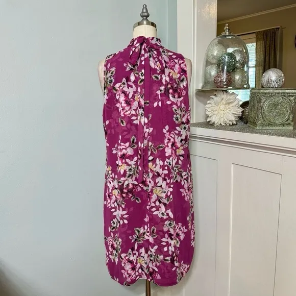 White House Black Market Purple Floral Tie Neck Chiffon Choker Shift Dress 10p