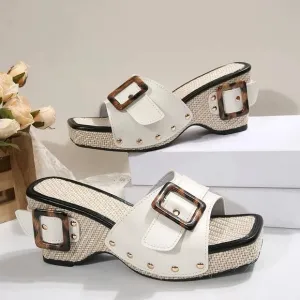 White Sandals with Square Buckle and Platform Heel