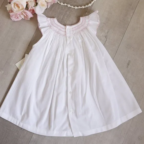 White Smocked Dress and Diaper Cover 100% Cotton Pink Embroidery Boutique NWT