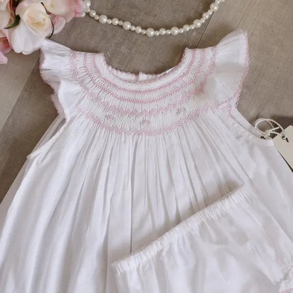 White Smocked Dress and Diaper Cover 100% Cotton Pink Embroidery Boutique NWT